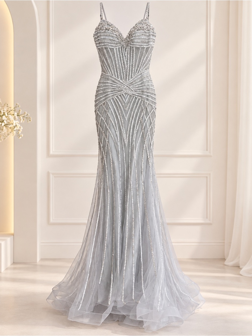 Silver Beaded Mermaid Evening Gown Formal Holiday Christmas NYE Party Dress - Picture 6 of 8